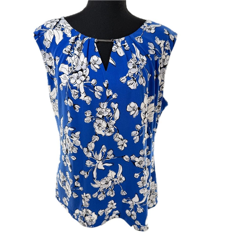Ivanka Trump Floral Blue/White Sleeveless Career Blouse Keyhole Neck Size Large - Picture 15 of 16